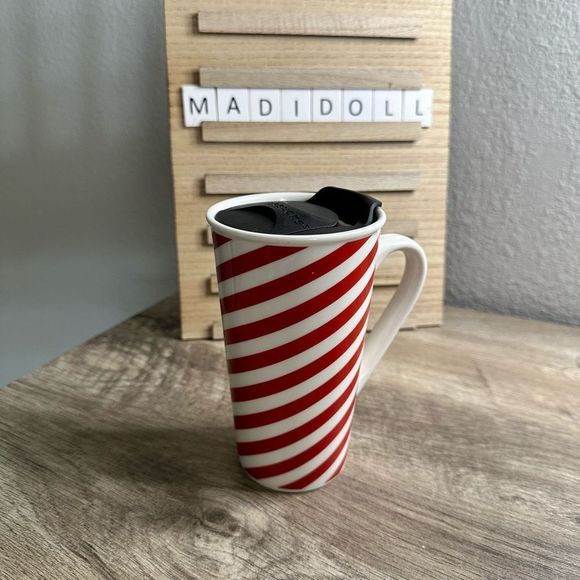 Starbucks Candy Cane Red White Handled Ceramic Coffee Mug - Picture 1 of 7
